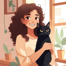 A light brown-skinned girl with a black cat sitting on her shoulder