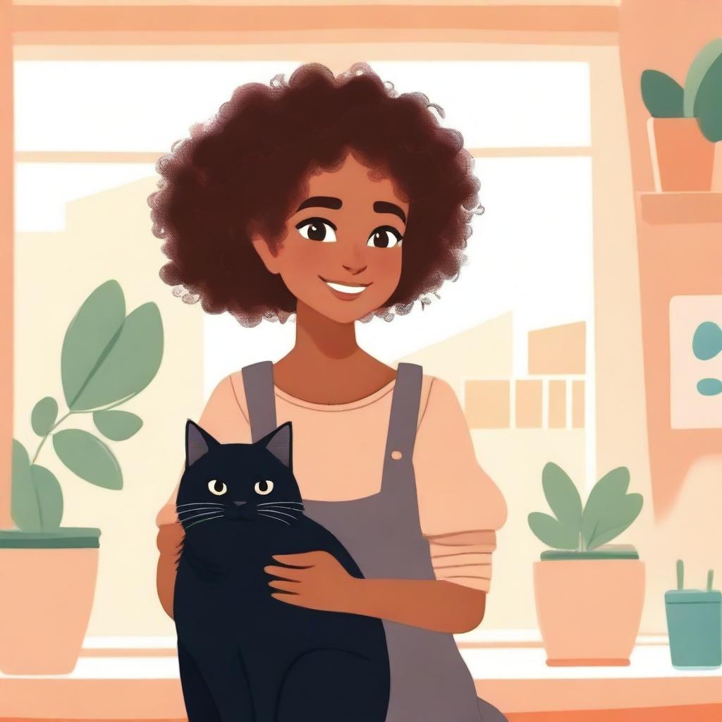 A light brown-skinned girl with a black cat sitting on her shoulder