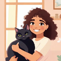 A light brown-skinned girl with a black cat sitting on her shoulder