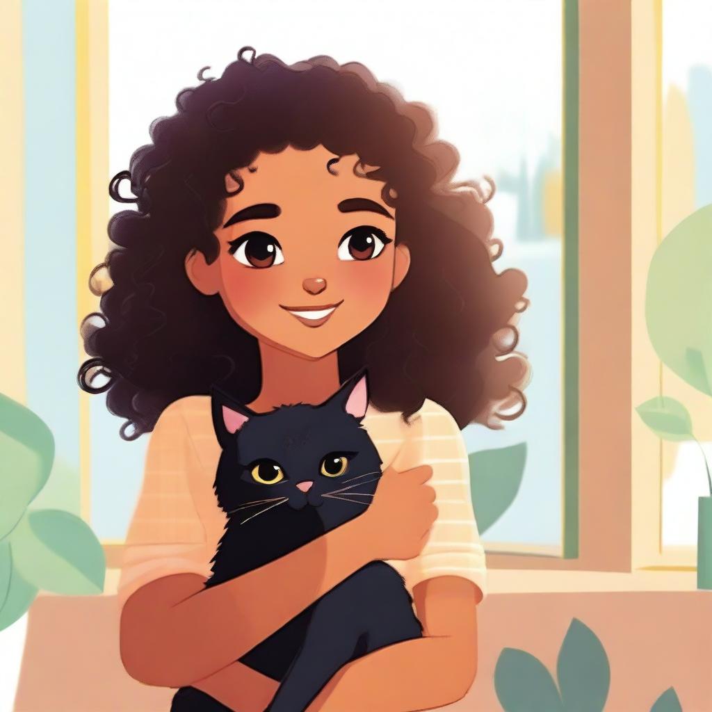 A light brown-skinned girl with a black cat sitting on her shoulder