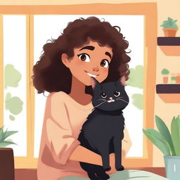 A light brown-skinned girl with a black cat sitting on her shoulder