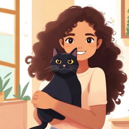 A light brown-skinned girl with a black cat sitting on her shoulder