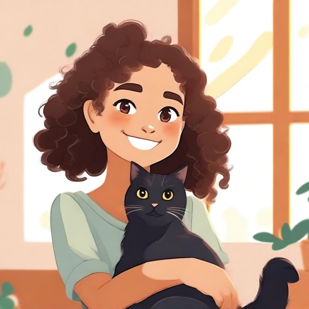 A light brown-skinned girl with a black cat sitting on her shoulder