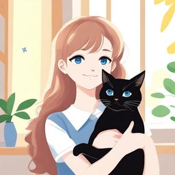 A girl with light brown hair and blue eyes holding a black cat