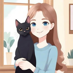 A girl with light brown hair and blue eyes holding a black cat