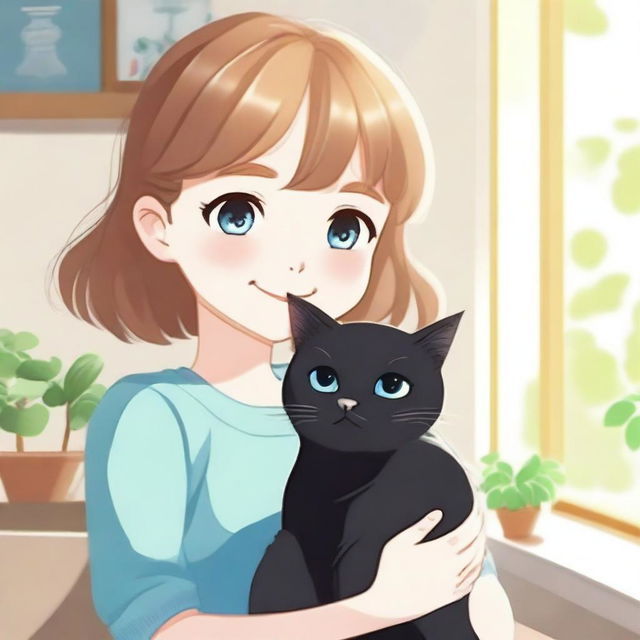 A girl with light brown hair and blue eyes holding a black cat