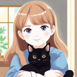 A girl with light brown hair and blue eyes holding a black cat