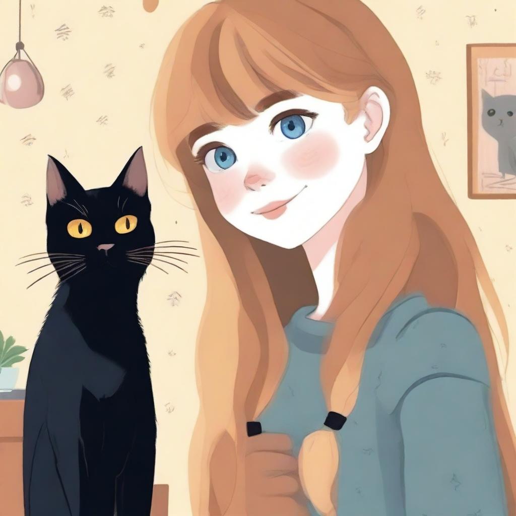 A blue-eyed girl with light brown hair standing next to a black cat with yellow eyes