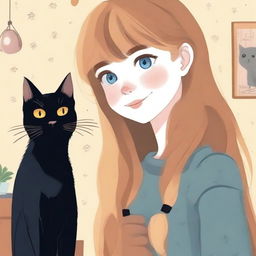 A blue-eyed girl with light brown hair standing next to a black cat with yellow eyes