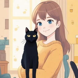 A blue-eyed girl with light brown hair standing next to a black cat with yellow eyes