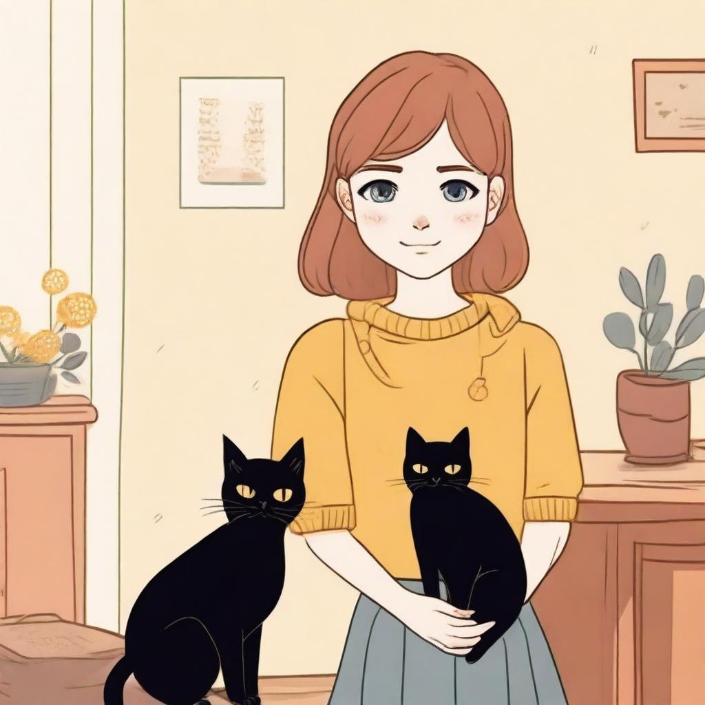 A blue-eyed girl with light brown hair standing next to a black cat with yellow eyes