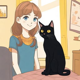 A blue-eyed girl with light brown hair standing next to a black cat with yellow eyes