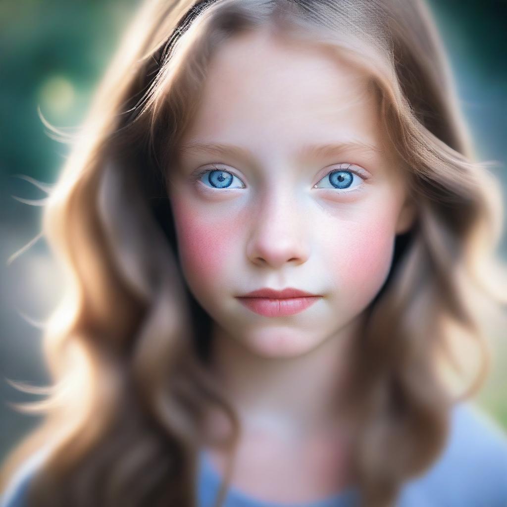 A detailed portrait of a blue-eyed girl with light brown hair