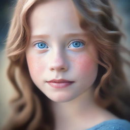 A detailed portrait of a blue-eyed girl with light brown hair