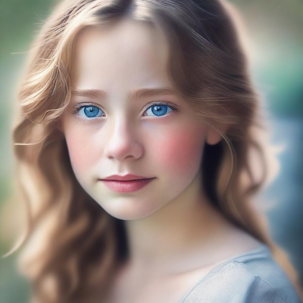 A detailed portrait of a blue-eyed girl with light brown hair