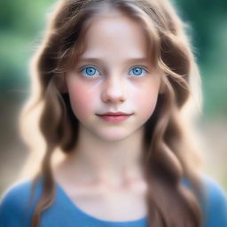 A detailed portrait of a blue-eyed girl with light brown hair