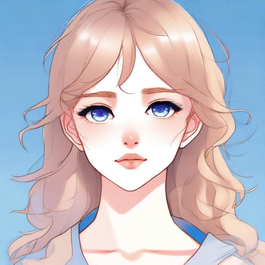 A manhwa-style portrait of a blue-eyed girl with light brown hair