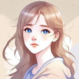 A manhwa-style portrait of a blue-eyed girl with light brown hair