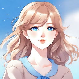 A manhwa-style portrait of a blue-eyed girl with light brown hair