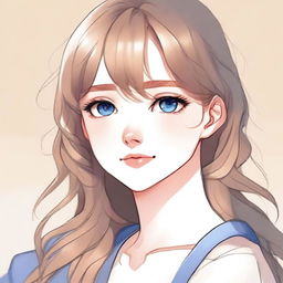 A manhwa-style portrait of a blue-eyed girl with light brown hair