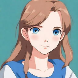 An anime-style portrait of a blue-eyed girl with light brown hair