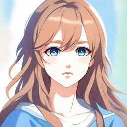 An anime-style portrait of a blue-eyed girl with light brown hair