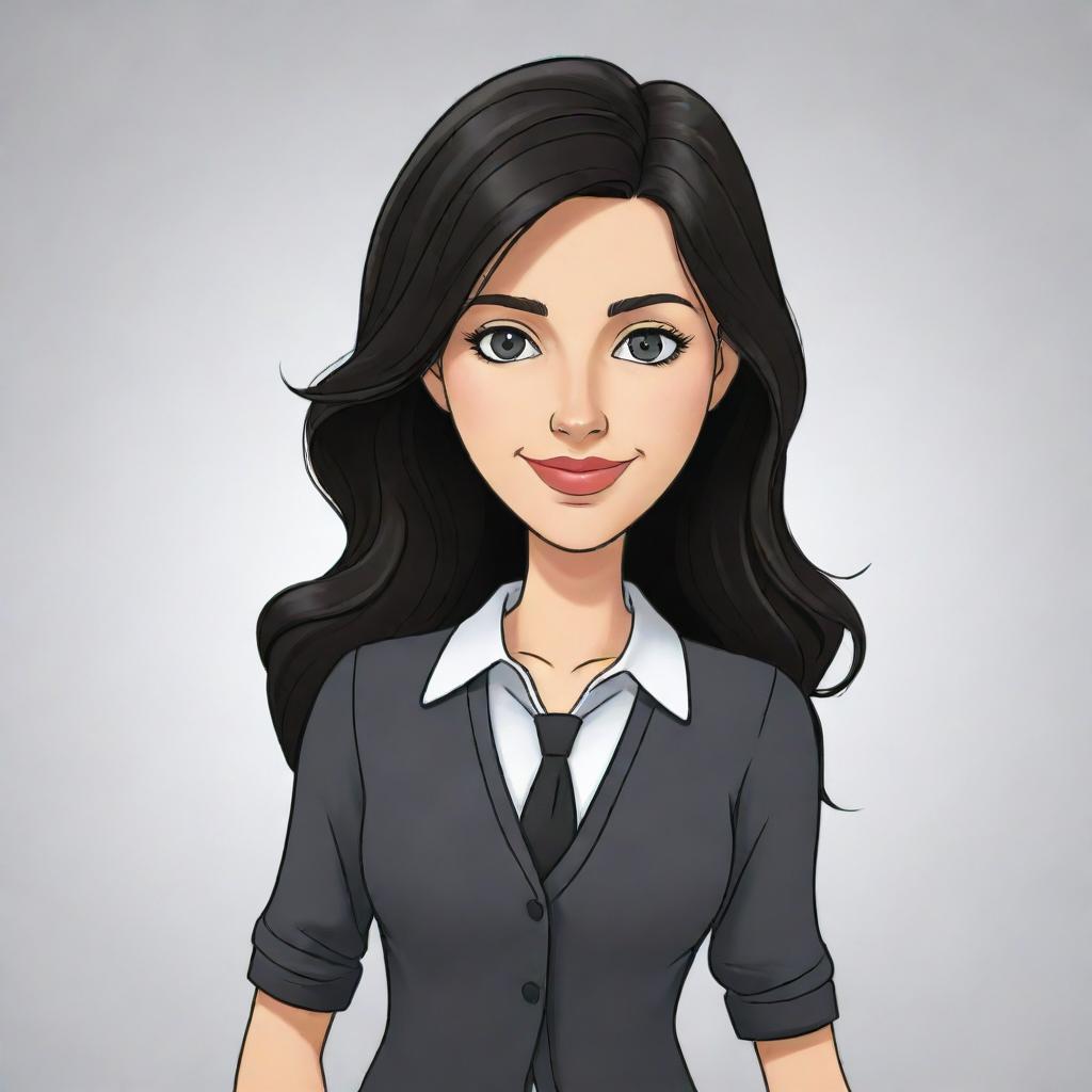 A high-definition cartoon of a cute, short, 25-year-old white female teacher with wavy long black hair, dressed stylishly