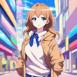 A beautiful anime girl with blue eyes and light brown hair, styled in a cute and fashionable way