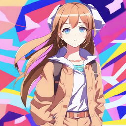 A beautiful anime girl with blue eyes and light brown hair, styled in a cute and fashionable way