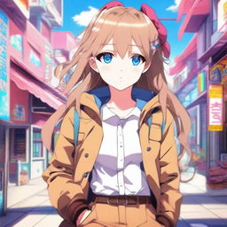 A beautiful anime girl with blue eyes and light brown hair, styled in a cute and fashionable way