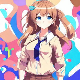 A beautiful anime girl with blue eyes and light brown hair, styled in a cute and fashionable way