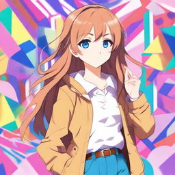 An anime girl with blue eyes and light brown hair, styled in a cute and fashionable way