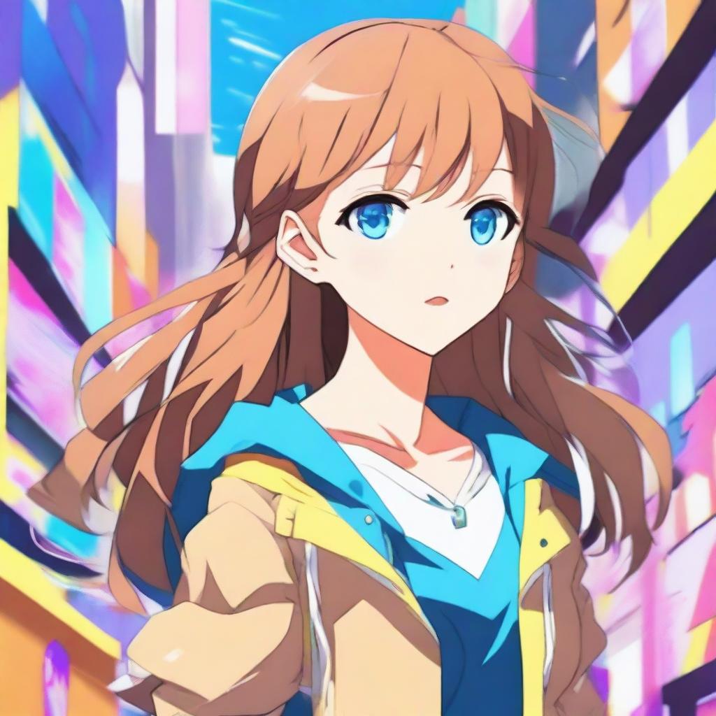 An anime girl with blue eyes and light brown hair, styled in a cute and fashionable way