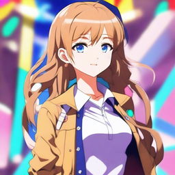 An anime girl with blue eyes and light brown hair, styled in a cute and fashionable way