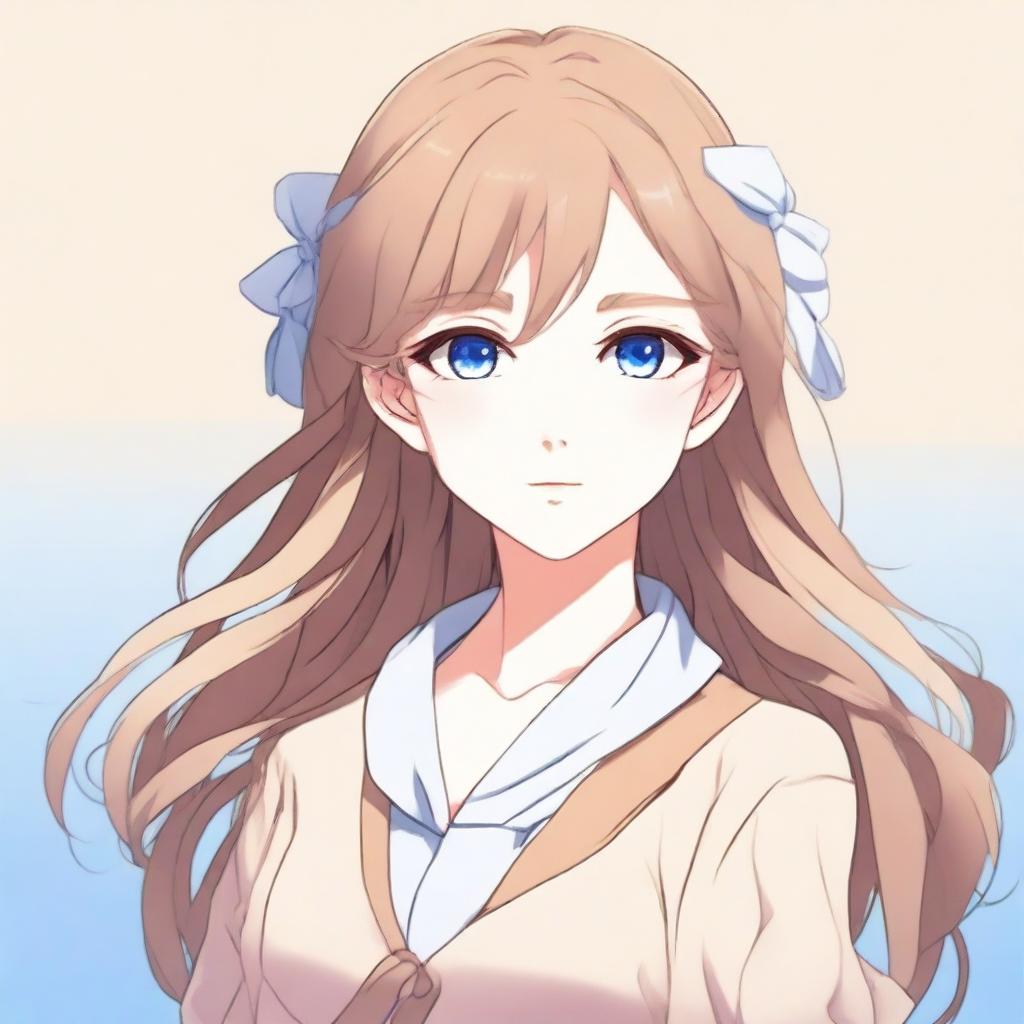 A beautiful anime-style girl with striking blue eyes and light brown hair