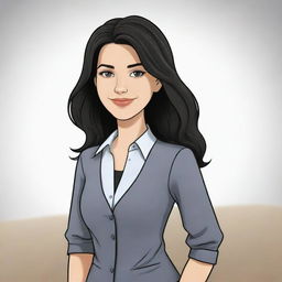 A high-definition cartoon of a cute, short, 25-year-old white female teacher with wavy long black hair, dressed stylishly