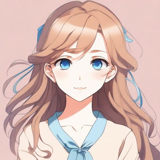 A beautiful anime-style girl with striking blue eyes and light brown hair