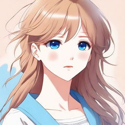 A beautiful anime-style girl with striking blue eyes and light brown hair