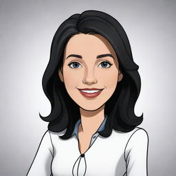 A high-definition cartoon of a cute, short, 25-year-old white female teacher with wavy long black hair, dressed stylishly