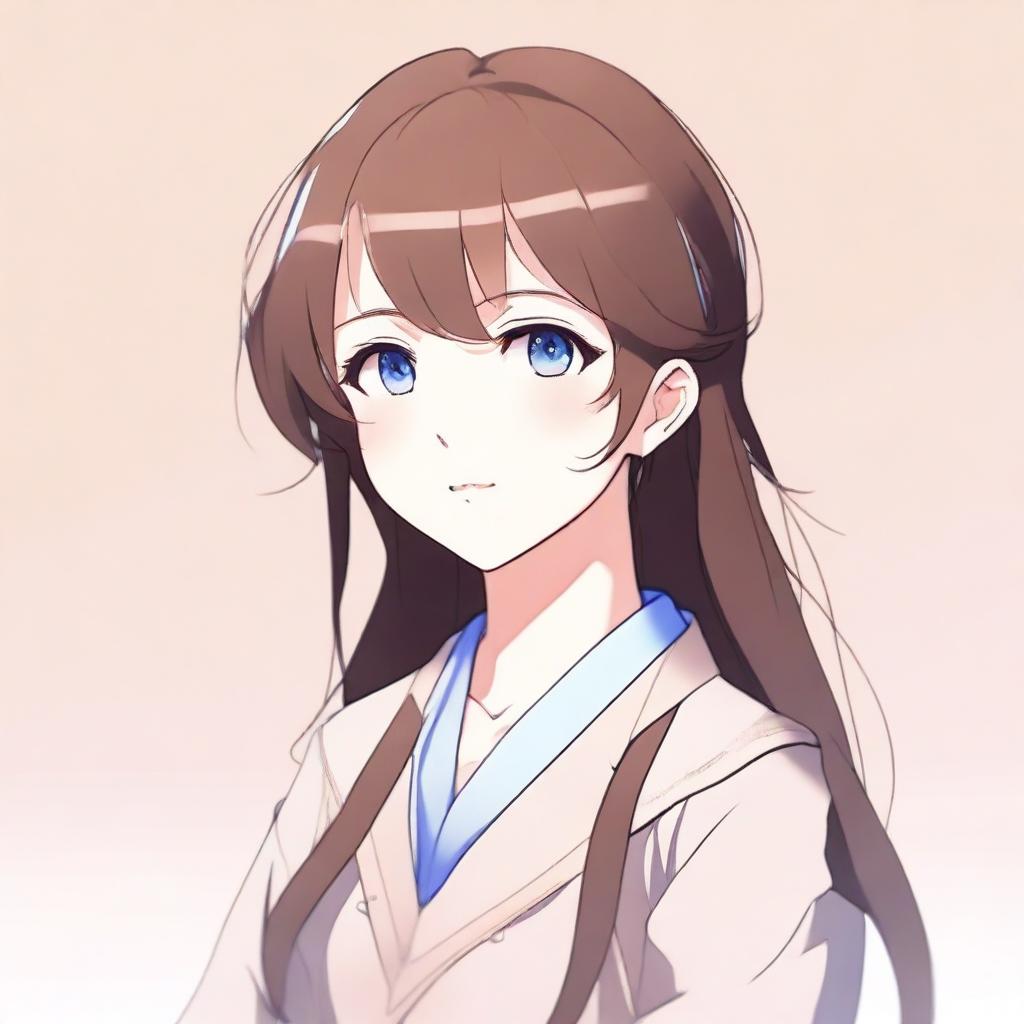 A beautiful anime-style girl with striking blue eyes and sweet brown hair