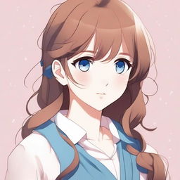 A beautiful anime-style girl with striking blue eyes and sweet brown hair