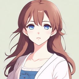 A beautiful anime-style girl with striking blue eyes and sweet brown hair