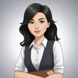 A high-definition cartoon of a cute, short, 25-year-old white female teacher with wavy long black hair, dressed stylishly