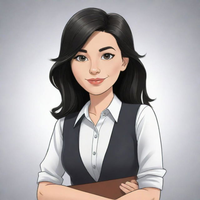 A high-definition cartoon of a cute, short, 25-year-old white female teacher with wavy long black hair, dressed stylishly