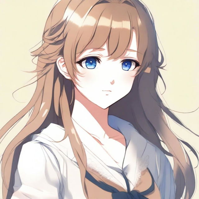 A beautiful anime-style girl with striking blue eyes, dark blond and sweet brown hair