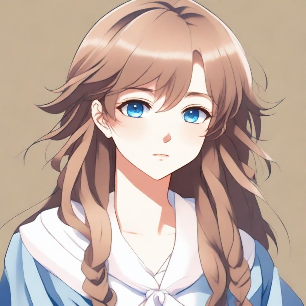 A beautiful anime-style girl with striking blue eyes, dark blond, and sweet brown hair