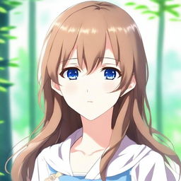 A beautiful anime-style girl with striking blue eyes, dark blond, and sweet brown hair