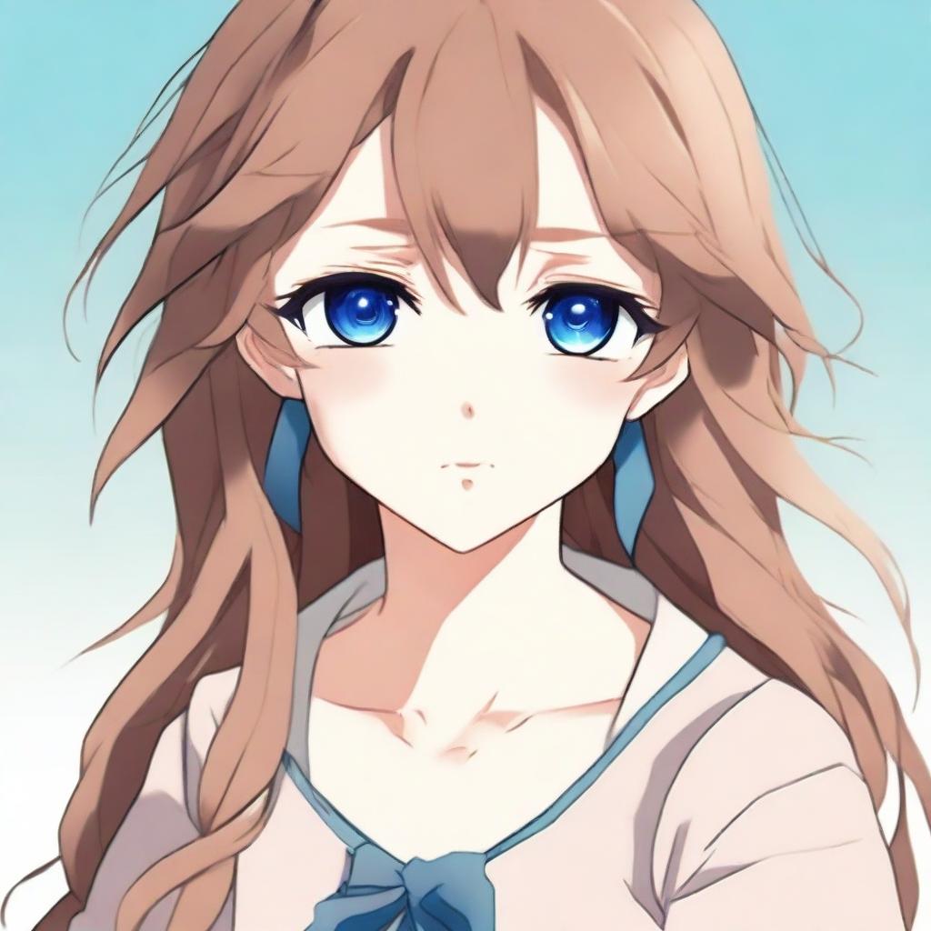 A beautiful anime-style girl with striking blue eyes, dark blond, and sweet brown hair