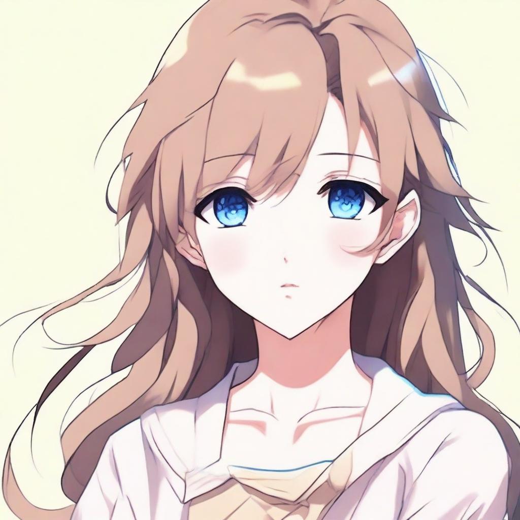 A beautiful anime-style girl with striking blue eyes, dark blond, and sweet brown hair