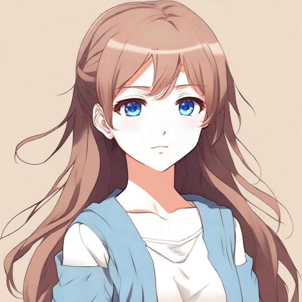 A beautiful anime-style girl with striking blue eyes, dark blond, and sweet brown hair